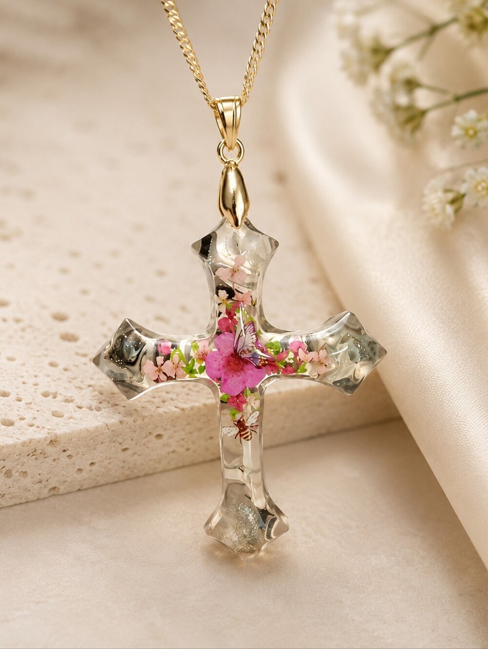 Beautiful Cross Pendant Necklace with Real Forget Me Knot Pink Flower.
